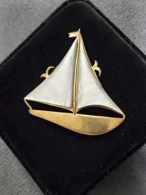 Antique WW2 Brass MOP Sailboat Brooch